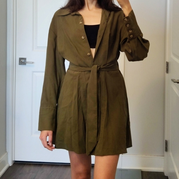 NWT ZARA belted longsleeve button up shirt dress in khaki green - Picture 5 of 10